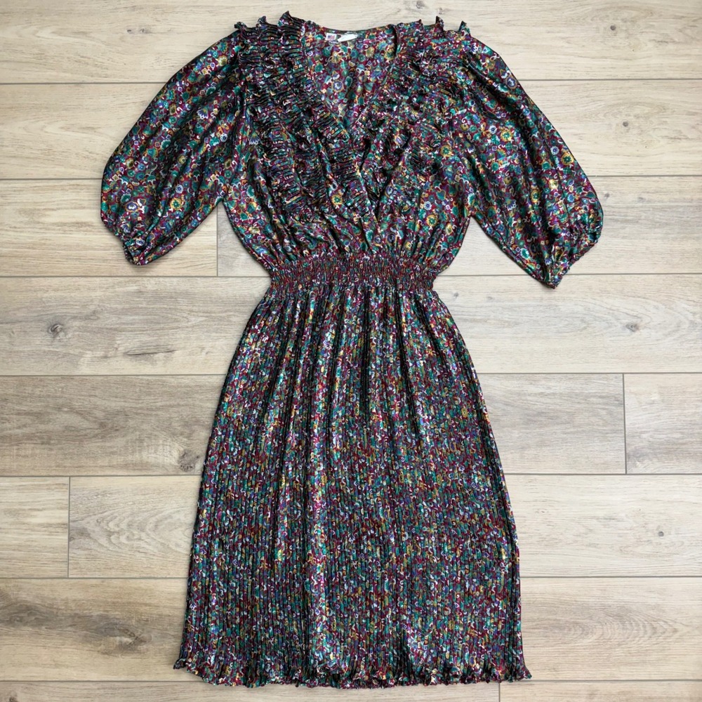 Vintage 80s Floral Ruffle Puff‎ Sleeve Pleated Smocked Waist Midi Dress Satin